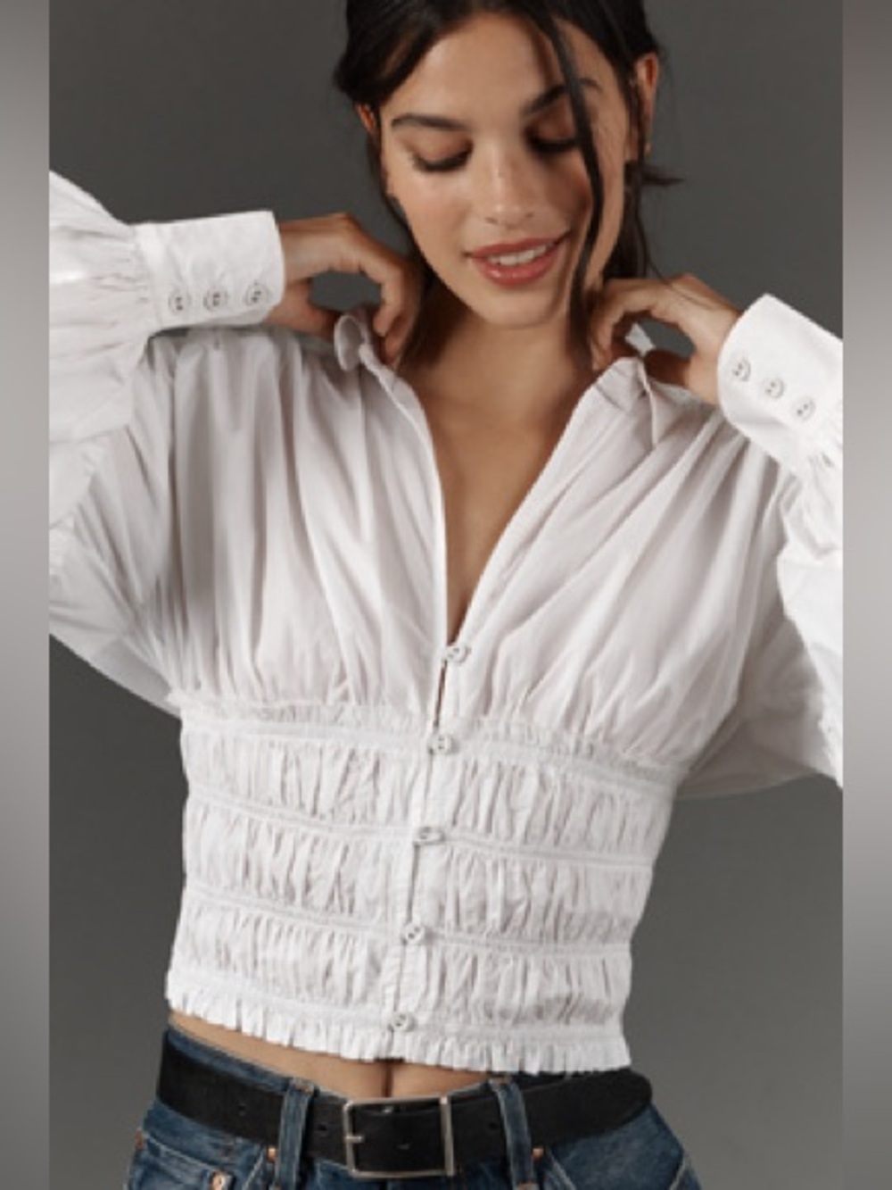 Anthropologie Colonial Ballon Sleeve Collar Shirred White Blouse Sz Med